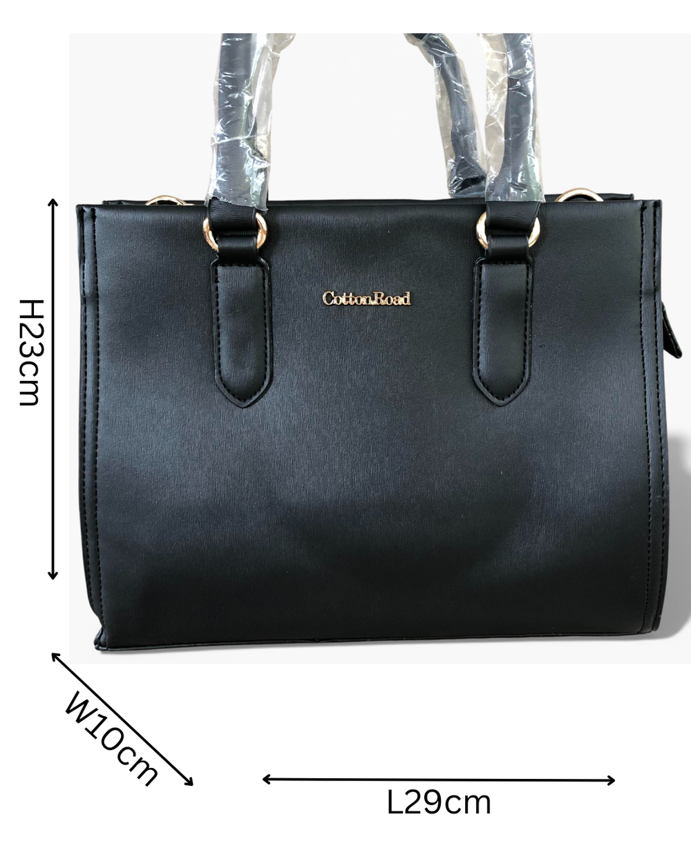 Cotton Road Handbag: BLACK PU Leather Bag with Divider
