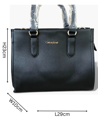 Cotton Road Handbag: BLACK PU Leather Bag with Divider