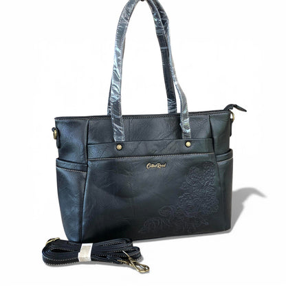 Cotton Road black PU leather handbag front view with strap