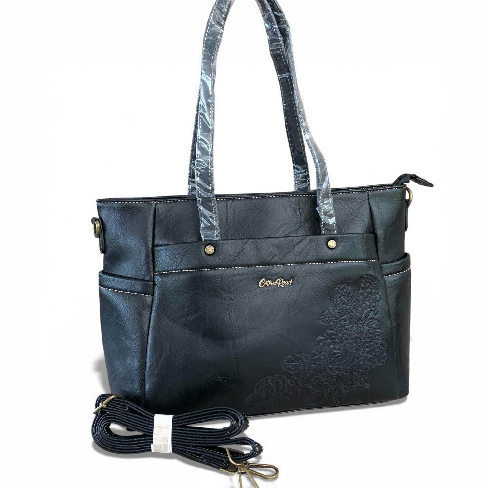 Cotton Road black PU leather handbag front view on white background