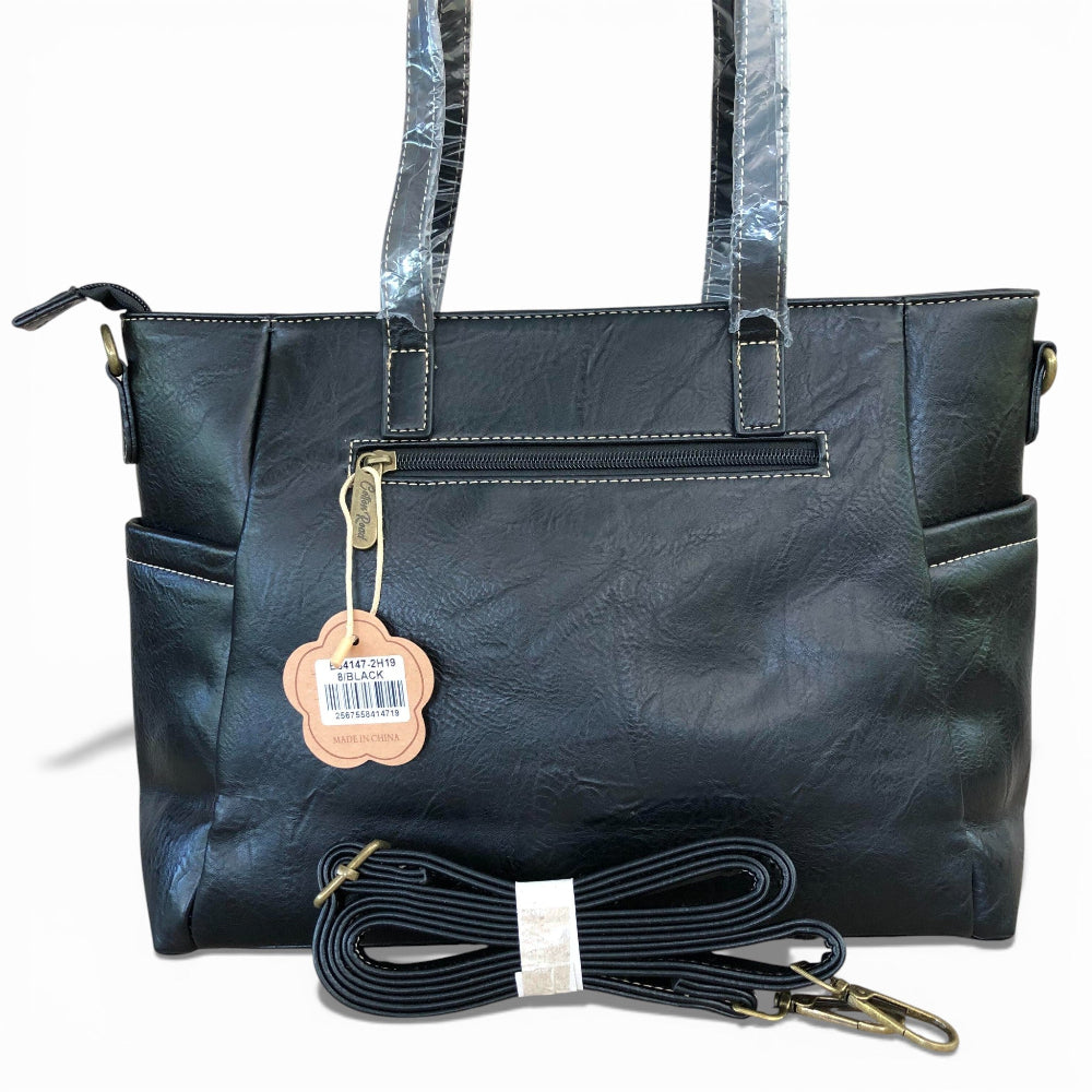 Cotton Road black PU leather handbag back view