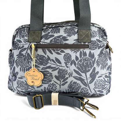 Cotton Road Handbag: BLUE/GREY Canvas Handbag with PU Leather Trim and PROTEA Print