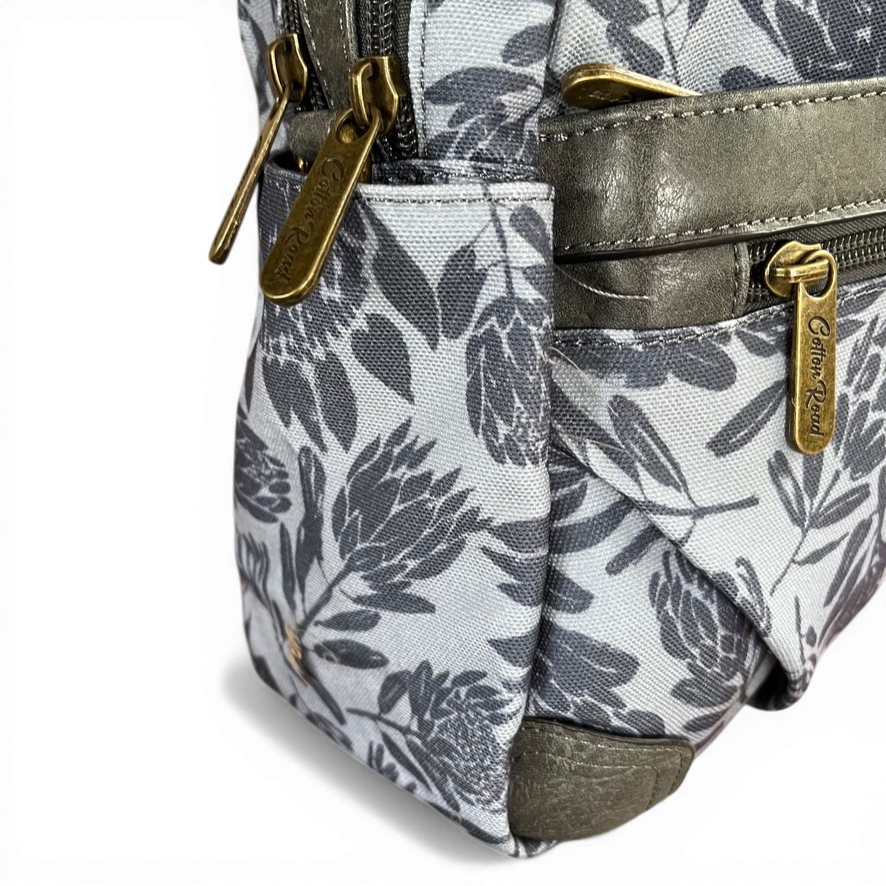 Cotton Road Handbag: BLUE/GREY Canvas Handbag with PU Leather Trim and PROTEA Print