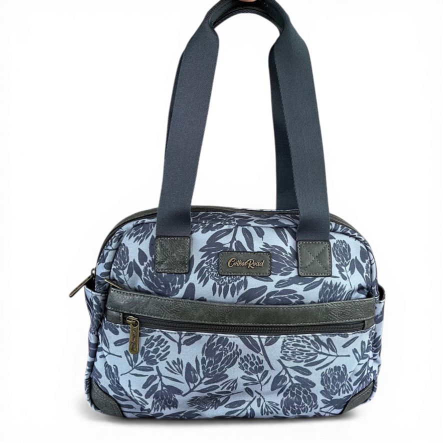 Cotton Road Handbag: BLUE/GREY Canvas Handbag with PU Leather Trim and PROTEA Print