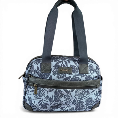 Cotton Road Handbag: BLUE/GREY Canvas Handbag with PU Leather Trim and PROTEA Print