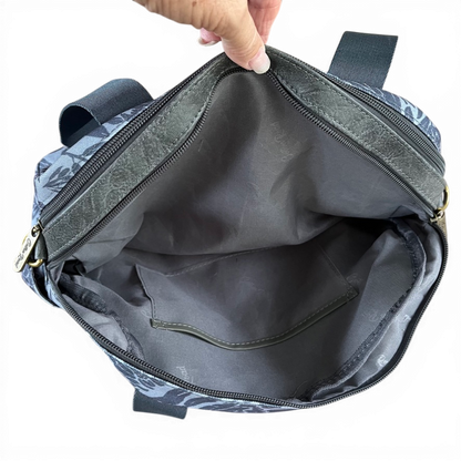 Cotton Road Handbag: BLUE/GREY Canvas Handbag with PU Leather Trim and PROTEA Print