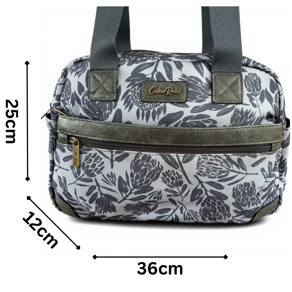 Cotton Road Handbag: BLUE/GREY Canvas Handbag with PU Leather Trim and PROTEA Print