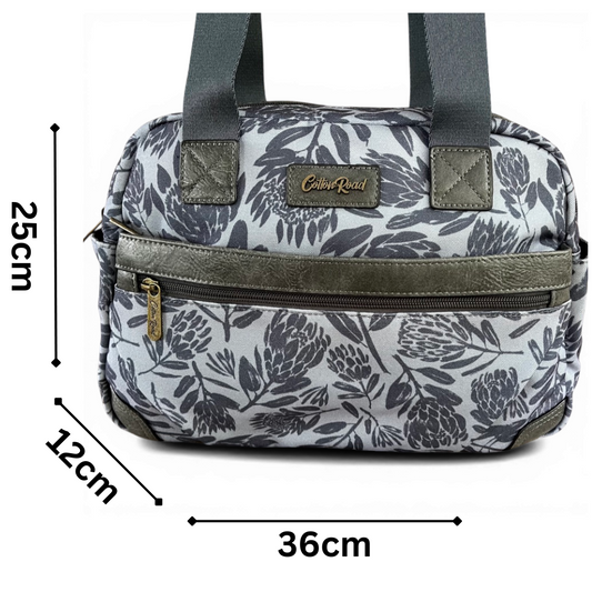 Cotton Road Handbag: BLUE/GREY Canvas Handbag with PU Leather Trim and PROTEA Print