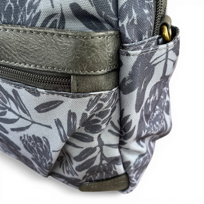 Cotton Road Handbag: BLUE/GREY Canvas Handbag with PU Leather Trim and PROTEA Print