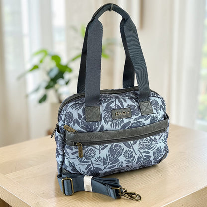 Cotton Road Handbag: BLUE/GREY Canvas Handbag with PU Leather Trim and PROTEA Print