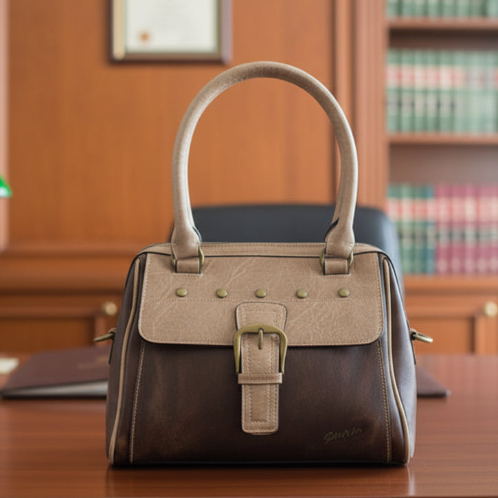 Cotton Road Handbag: BROWN / KHAKI PU Leather with clip BUCKLE detailing