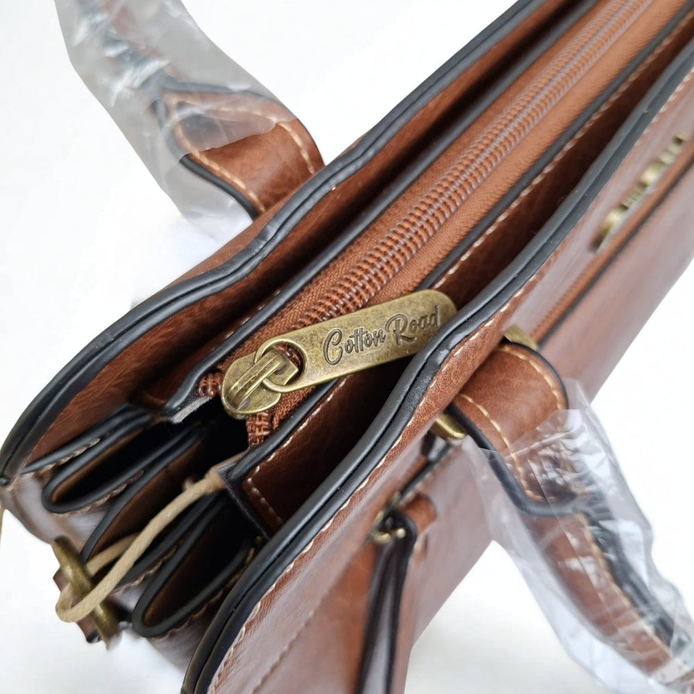 COTTON ROAD HANDBAG: BROWN MEDIUM PU LEATHER CLASSIC HANDBAG WITH SLING