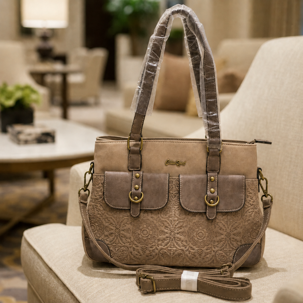 Cotton Road Handbag: BROWN PU Leather with Embossed Pattern