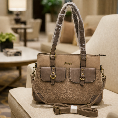 Cotton Road Handbag: BROWN PU Leather with Embossed Pattern