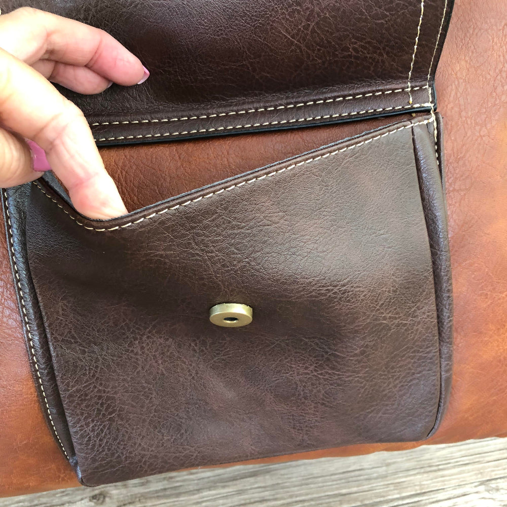 Cotton Road brown PU leather handbag front pocket view