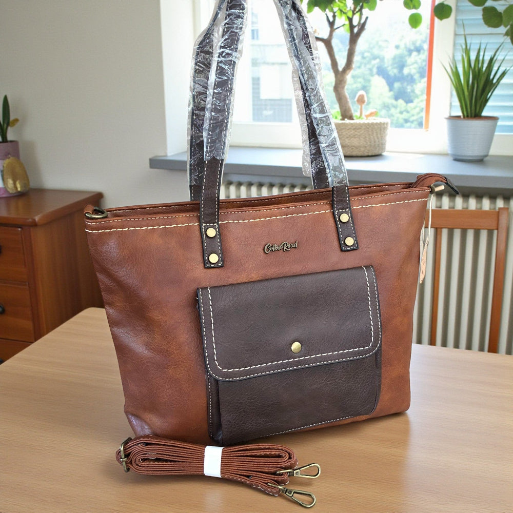 Cotton Road brown PU leather handbag front view