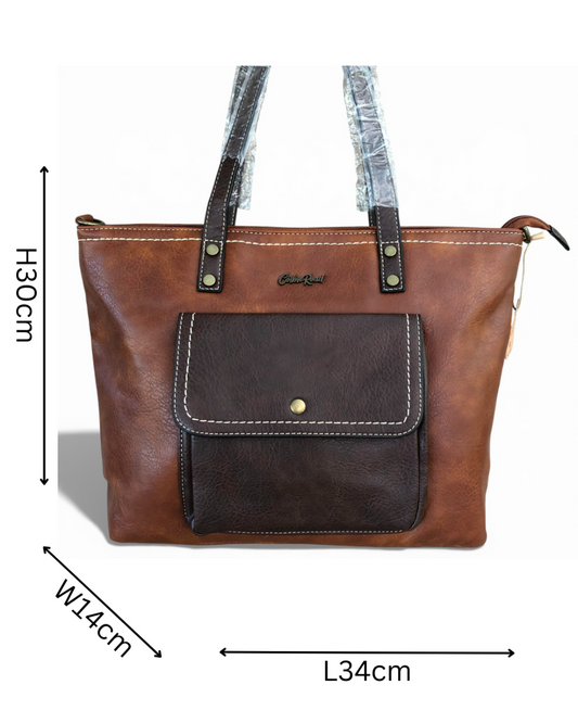 Cotton Road brown PU leather handbag front view with sizes