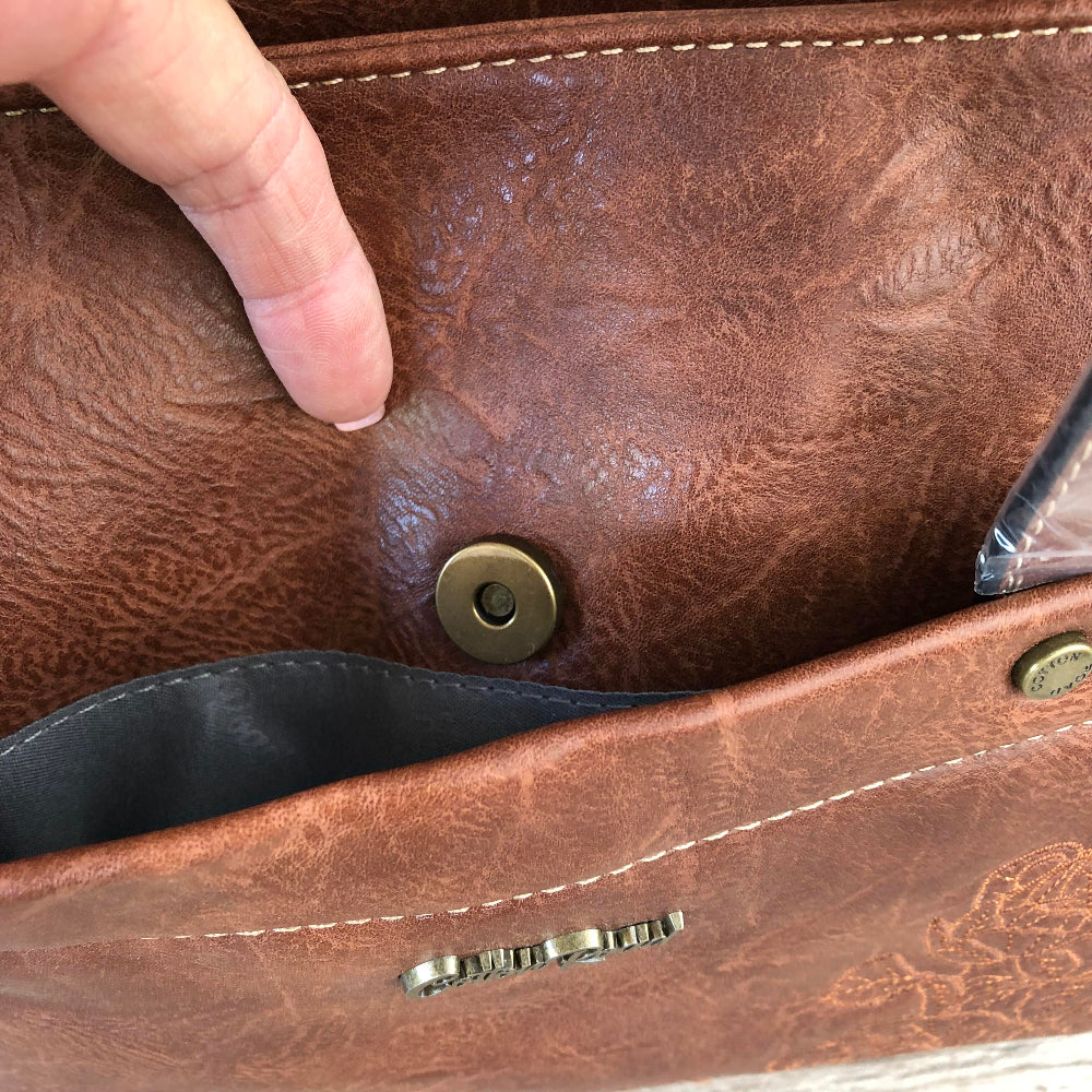 Cotton Road brown PU leather handbag front view clasp