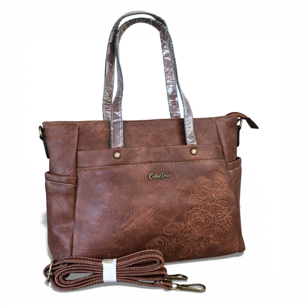 Cotton Road brown PU leather handbag front view white background