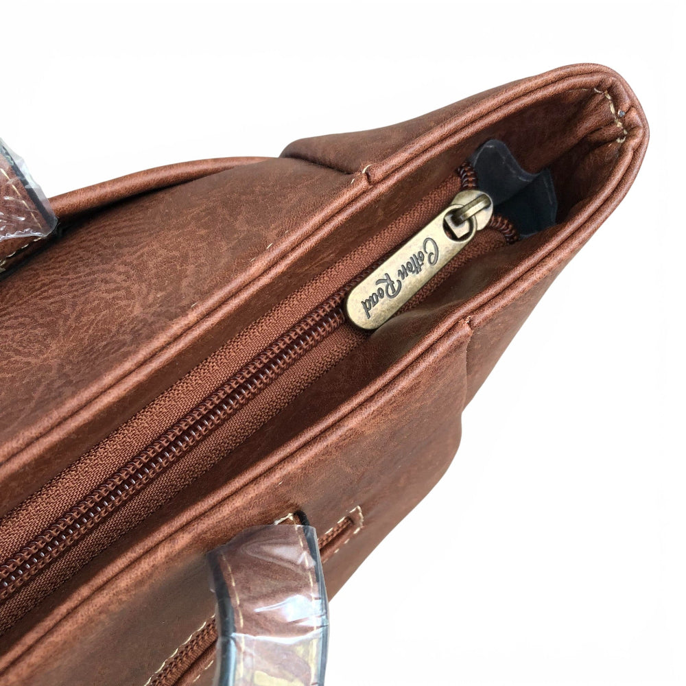 Cotton Road brown PU leather handbag zipper view