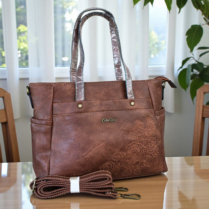 Cotton Road brown PU leather handbag front view on table