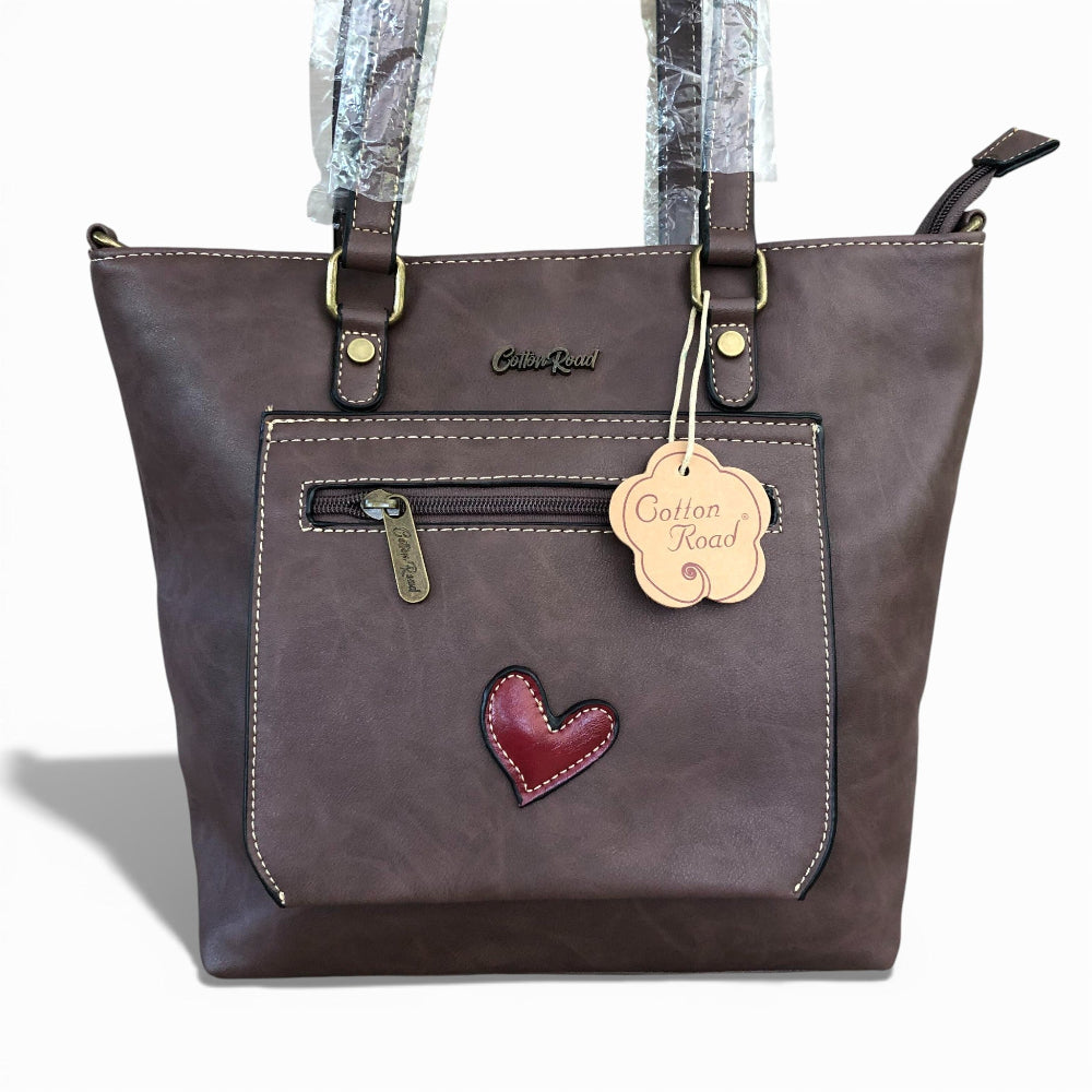 Cotton Road brown PU leather handbag front view on white