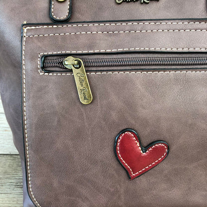 Cotton Road brown PU leather handbag front close-up view heart motif