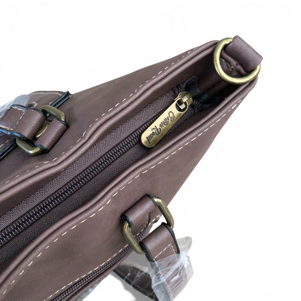 Cotton Road brown PU leather handbag zipper view