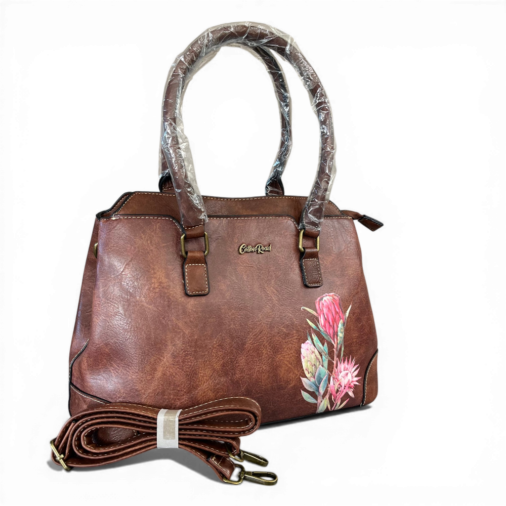 Brown PU Leather Cotton Road Handbag with Protea detailing and dual handles