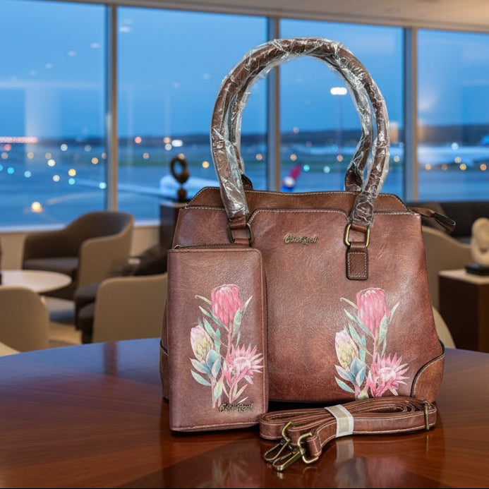 Cotton Road Handbag brown PU leather with protea print and matching wallet set