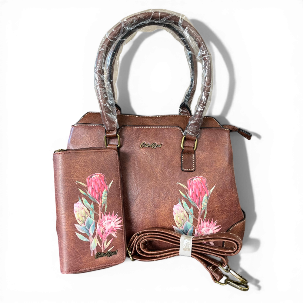 Brown Cotton Road Handbag and matching wallet set with protea print in PU leather