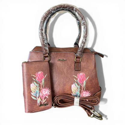 Brown Cotton Road Handbag and matching wallet set with protea print in PU leather