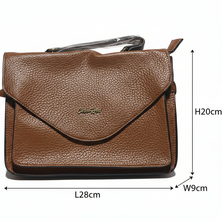 Cotton Road Handbag: BROWN PU Soft Leather Medium Handbag with BRANDED sling FRONT