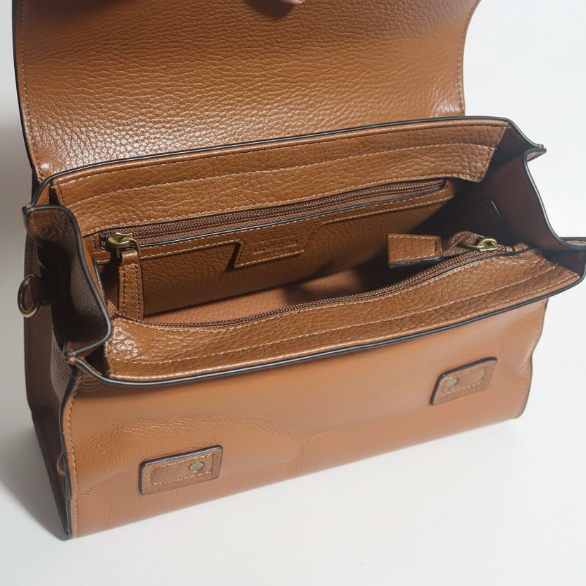 Cotton Road Handbag: BROWN PU Soft Leather Medium Handbag with BRANDED sling OPEN