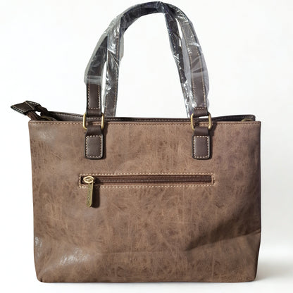 Cotton Road Handbag: COFFEE BROWN PU Leather Double Compartment Handbag with EMBOSSED Protea BACK