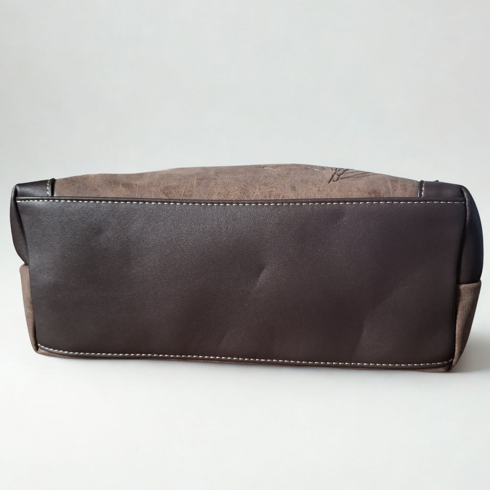 Cotton Road Handbag: COFFEE BROWN PU Leather Double Compartment Handbag with EMBOSSED Protea BOTTOM
