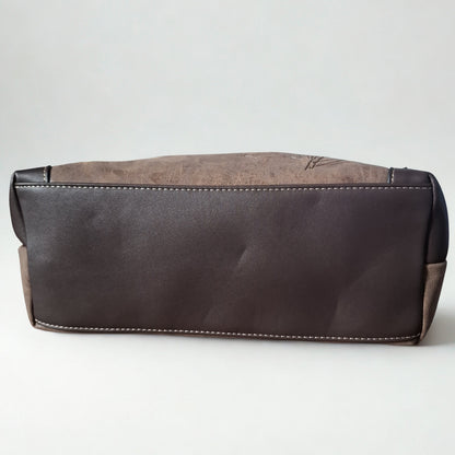 Cotton Road Handbag: COFFEE BROWN PU Leather Double Compartment Handbag with EMBOSSED Protea BOTTOM
