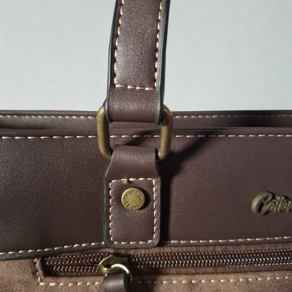 Cotton Road Handbag: COFFEE BROWN PU Leather Double Compartment Handbag with EMBOSSED Protea DETAIL