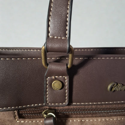 Cotton Road Handbag: COFFEE BROWN PU Leather Double Compartment Handbag with EMBOSSED Protea DETAIL