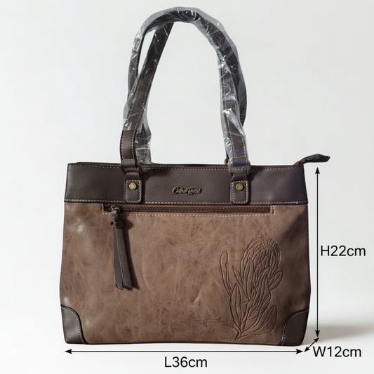 Cotton Road Handbag: COFFEE BROWN PU Leather Double Compartment Handbag with EMBOSSED Protea SIZED