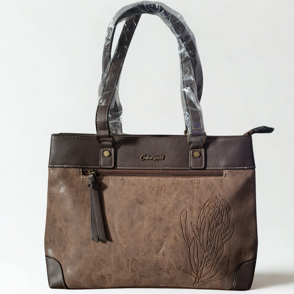 Cotton Road Handbag: COFFEE BROWN PU Leather Double Compartment Handbag with EMBOSSED Protea FRONT