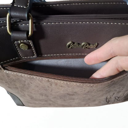 Cotton Road Handbag: COFFEE BROWN PU Leather Double Compartment Handbag with EMBOSSED Protea POCKET