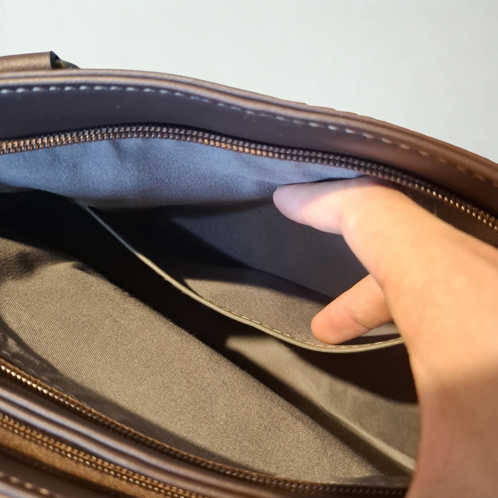 Cotton Road Handbag: COFFEE BROWN PU Leather Double Compartment Handbag with EMBOSSED Protea INSIDE POCKETS