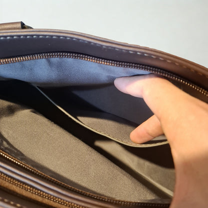 Cotton Road Handbag: COFFEE BROWN PU Leather Double Compartment Handbag with EMBOSSED Protea INSIDE POCKETS