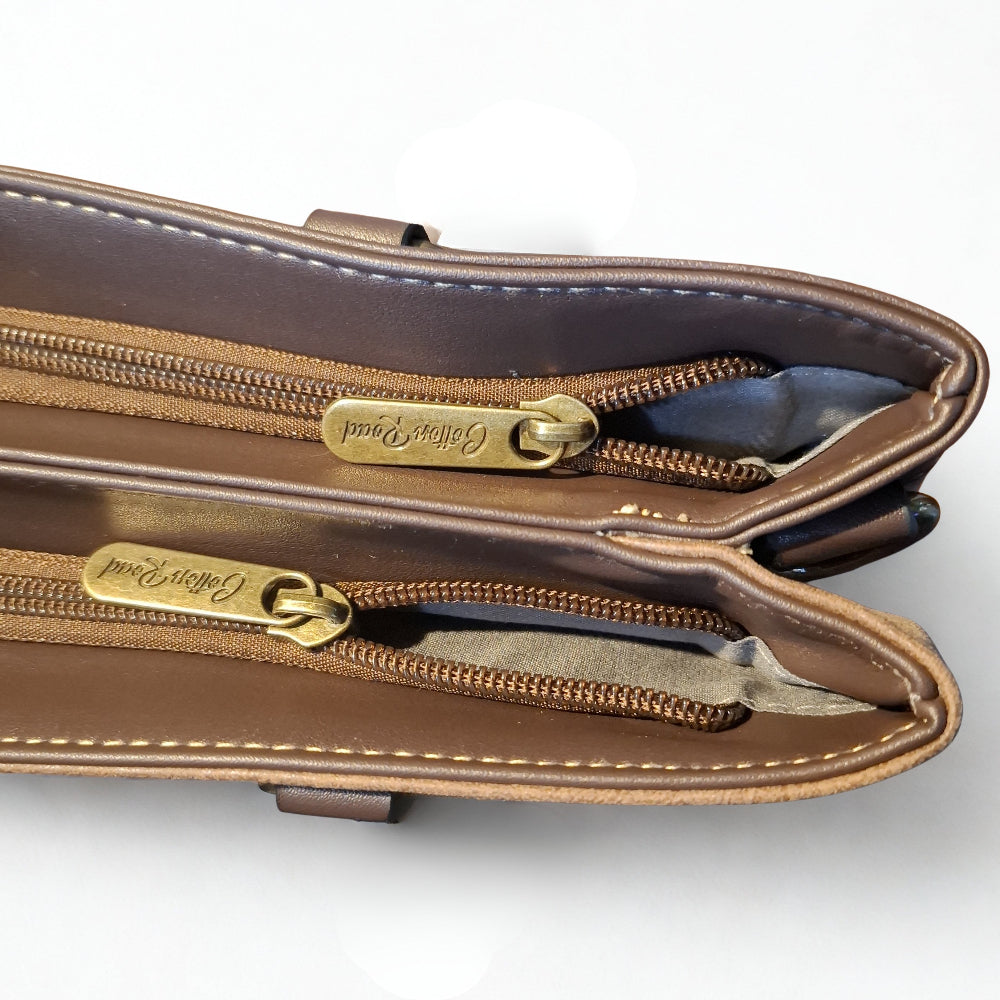 Cotton Road Handbag: COFFEE BROWN PU Leather Double Compartment Handbag with EMBOSSED Protea TOP ZIPPER DETAIL