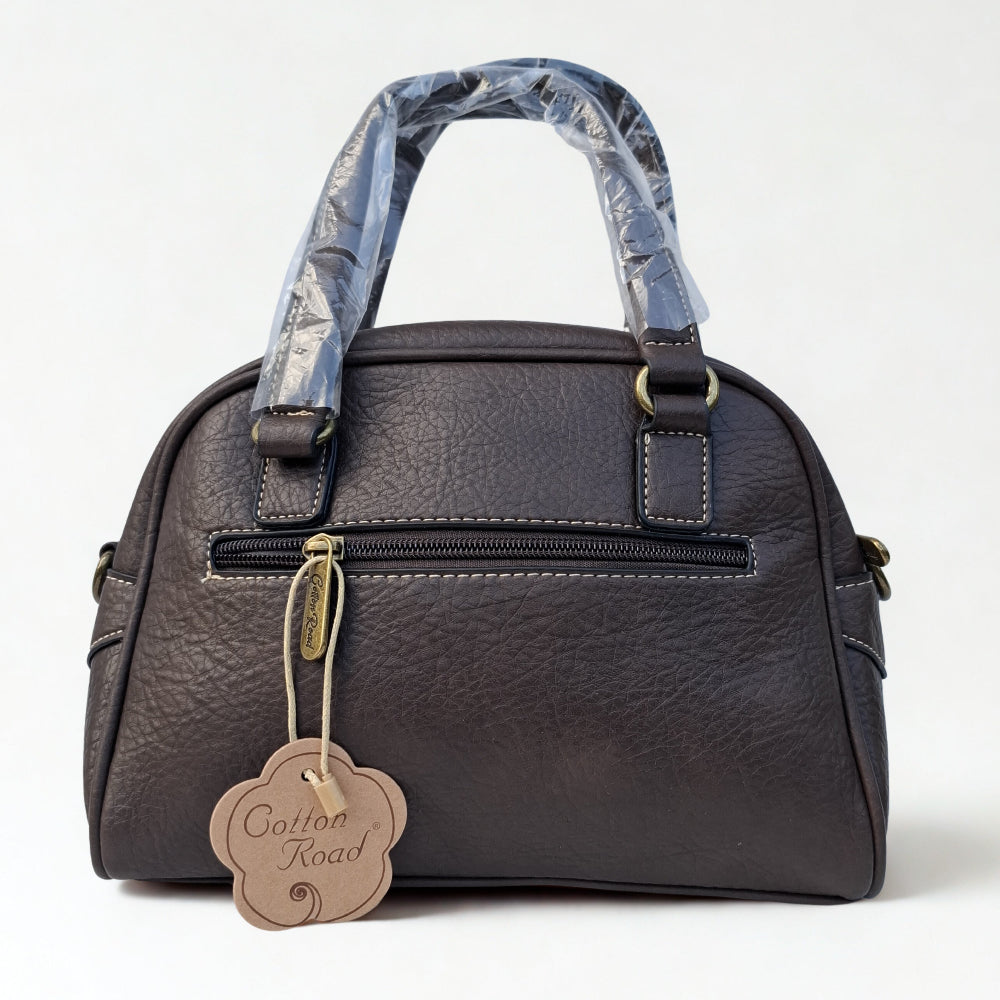 Cotton Road Handbag: COFFEE BROWN PU Leather Handbag with LEOPARD PRINT Panel