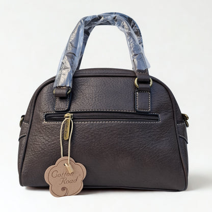 Cotton Road Handbag: COFFEE BROWN PU Leather Handbag with LEOPARD PRINT Panel