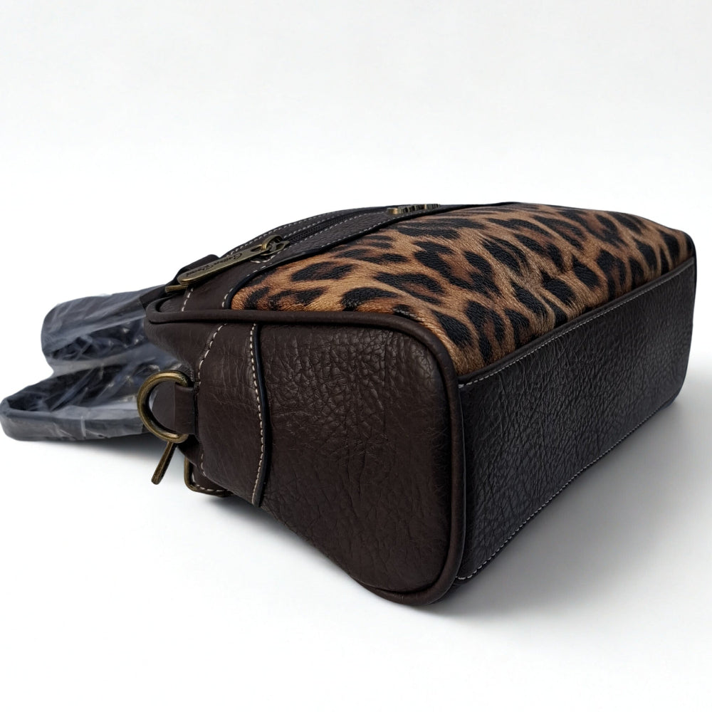 Cotton Road Handbag: COFFEE BROWN PU Leather Handbag with LEOPARD PRINT Panel