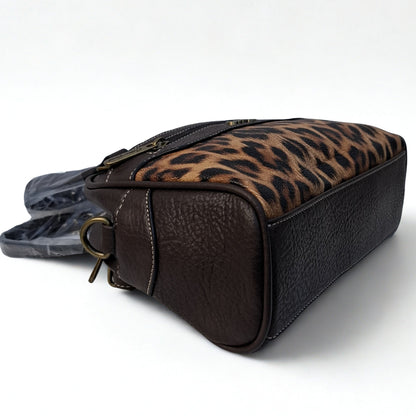 Cotton Road Handbag: COFFEE BROWN PU Leather Handbag with LEOPARD PRINT Panel
