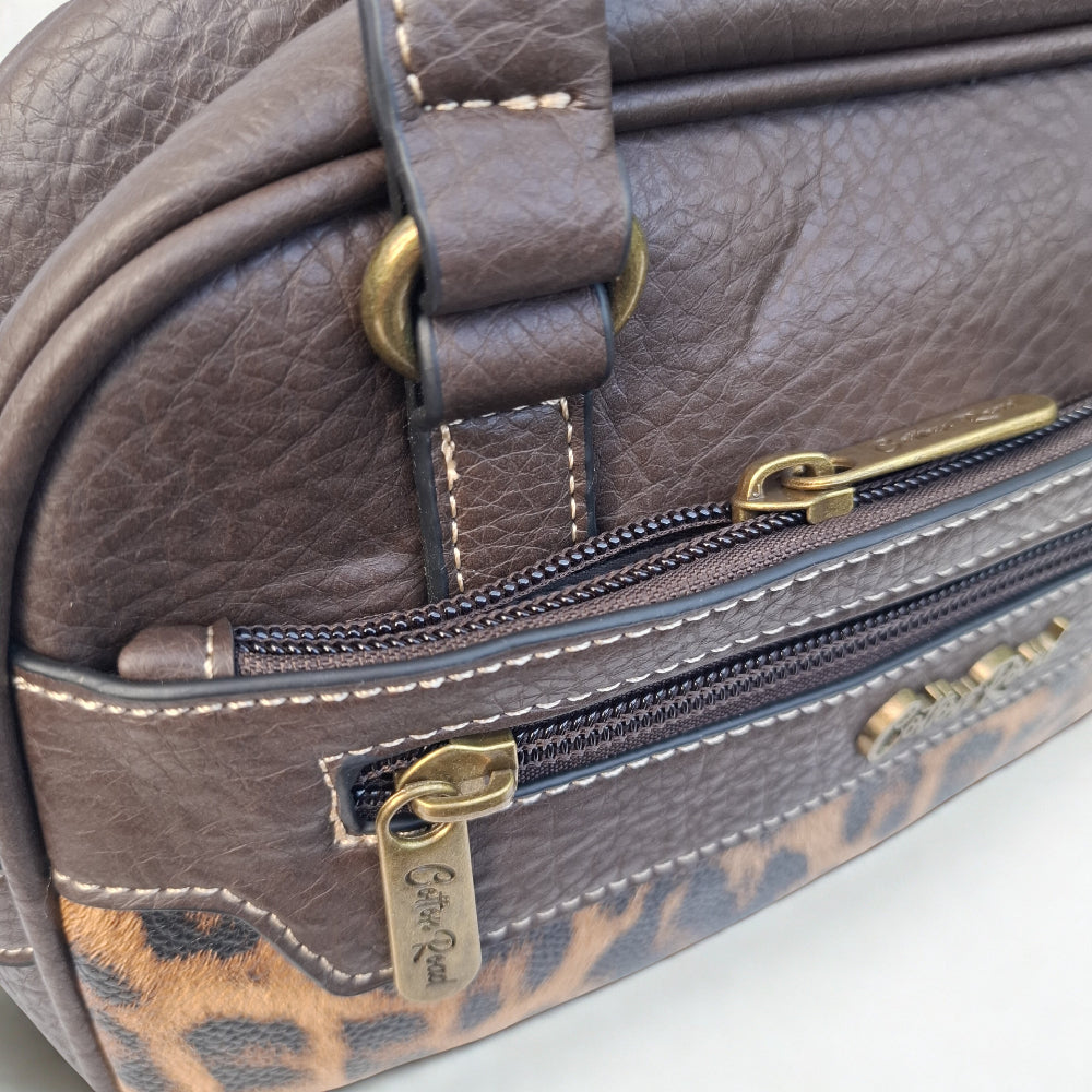 Cotton Road Handbag: COFFEE BROWN PU Leather Handbag with LEOPARD PRINT Panel